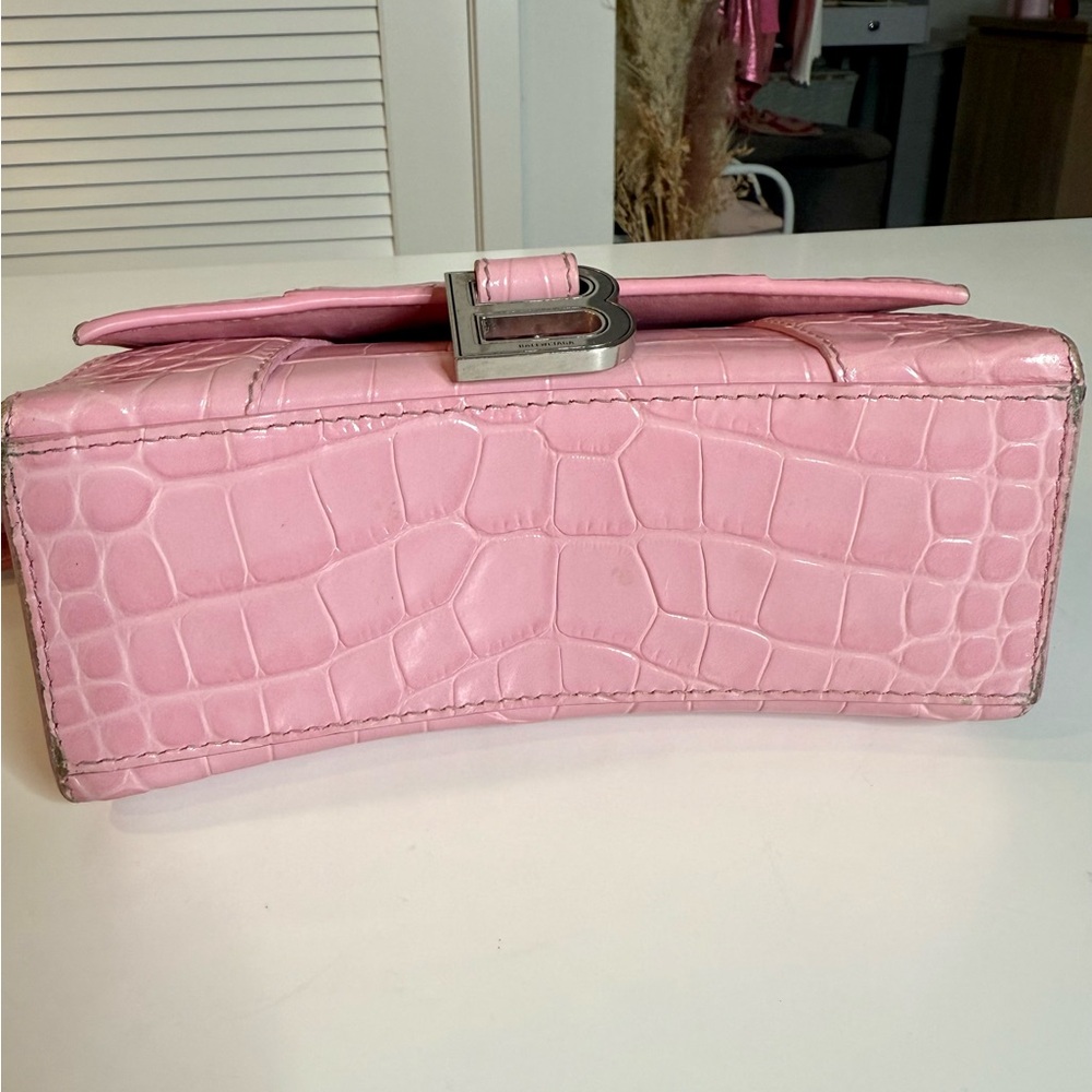 Balenciaga XS Hourglass Top Handle Bag Candy Pink Croc-Embossed Handbag - Picture 7 of 9